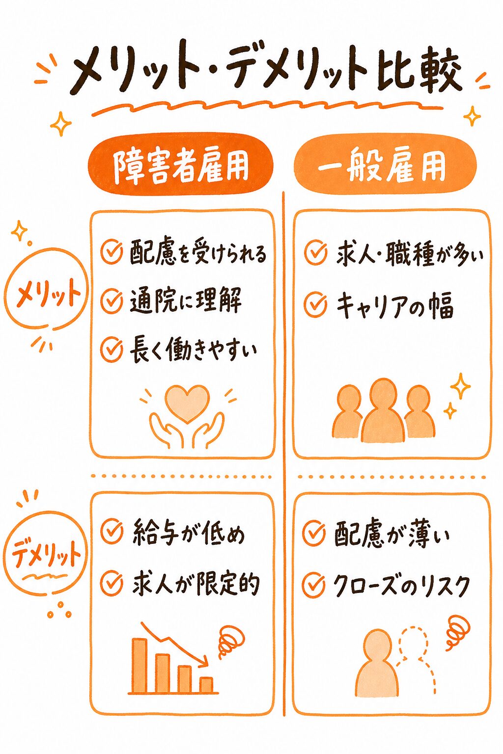 障害者雇用と一般雇用のメリット・デメリットを比較した図