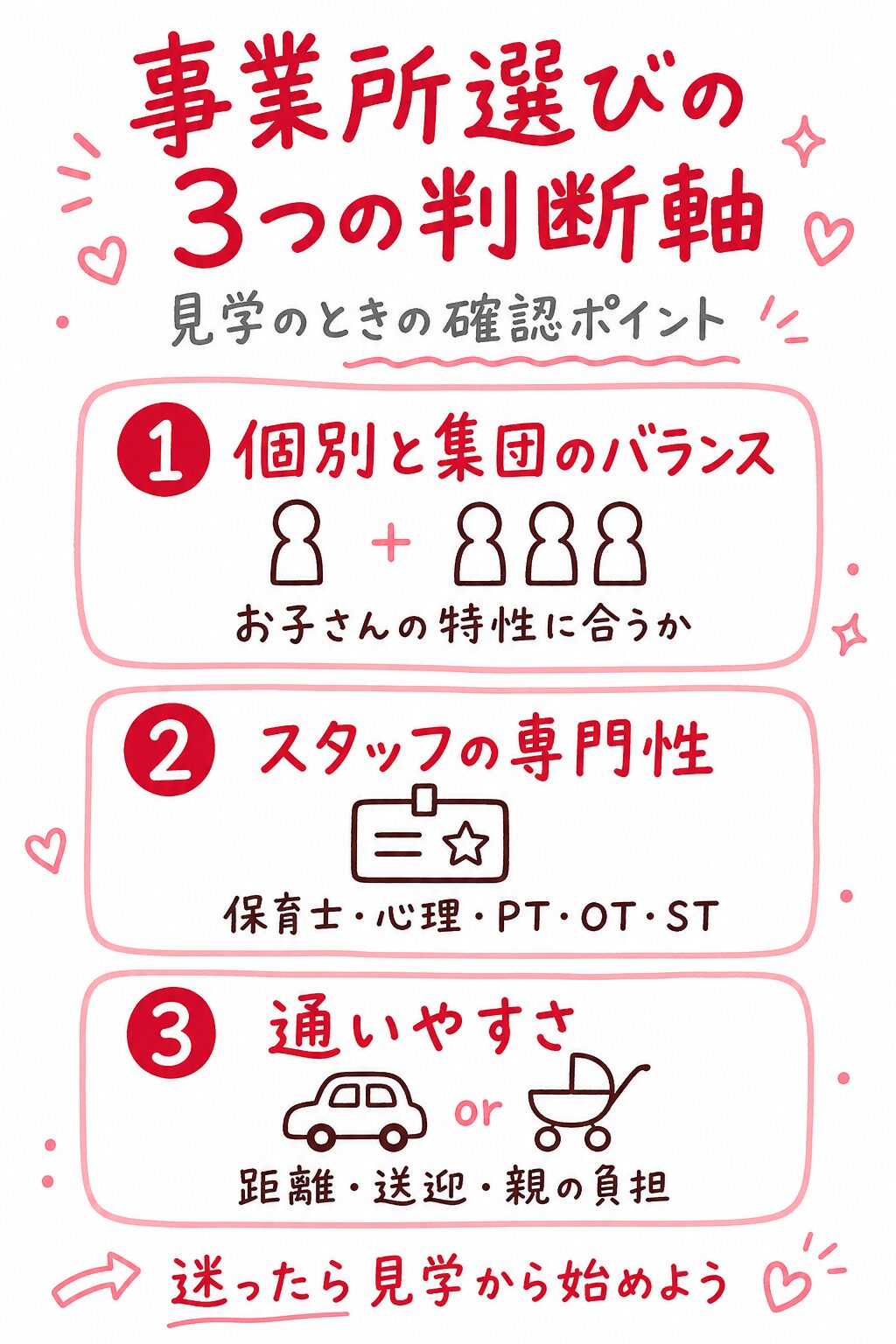 児童発達支援の事業所選びの3つの判断軸(個別と集団のバランス・スタッフの専門性・通いやすさ)