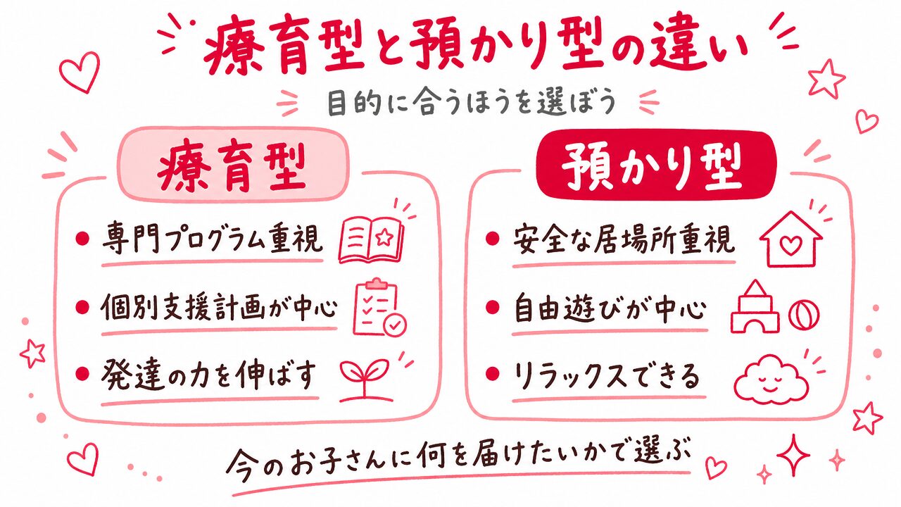 放課後等デイサービスの療育型と預かり型の違い（療育型：専門プログラム・個別支援計画・発達の力／預かり型：安全な居場所・自由遊び・リラックス）