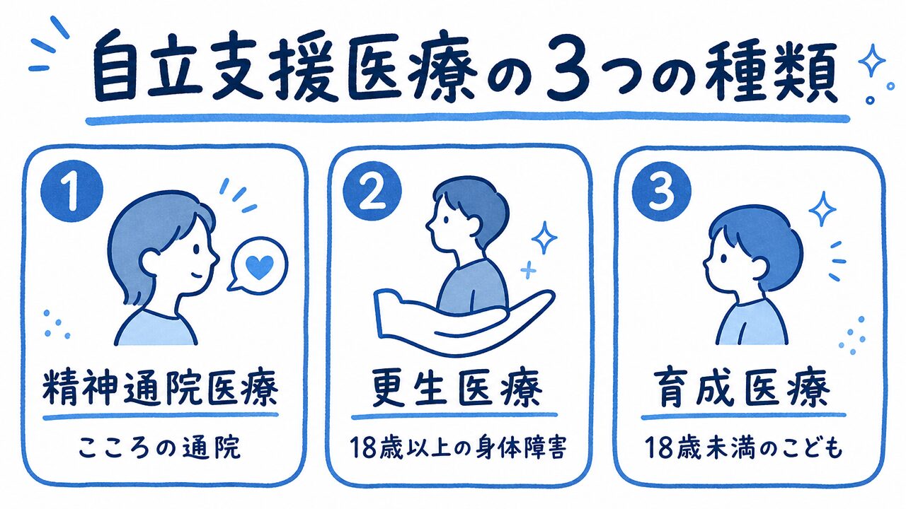 自立支援医療の3種類（精神通院医療・更生医療・育成医療）の対象を比べた図解