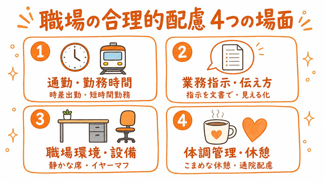 職場の合理的配慮の具体例4場面(通勤・勤務時間/業務指示・伝え方/職場環境・設備/体調管理・休憩)