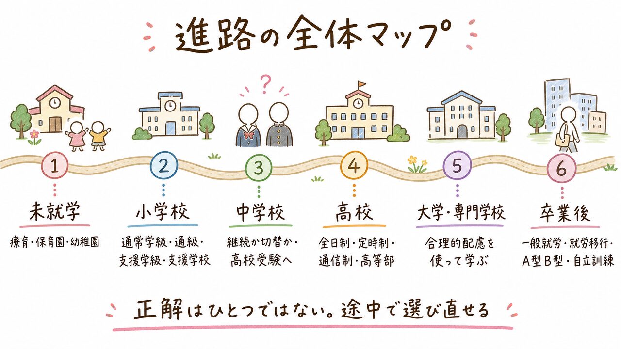 発達障害のある子の進路の全体マップ。未就学、小学校、中学校、高校、大学・専門学校、卒業後の6段階と、それぞれの選択肢